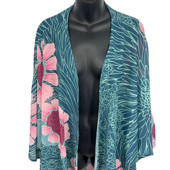Kini Zamora Women Floral Kimono Cardigan Pink Teal One Size OS Hawaii Cover Up - Picture 2 of 7